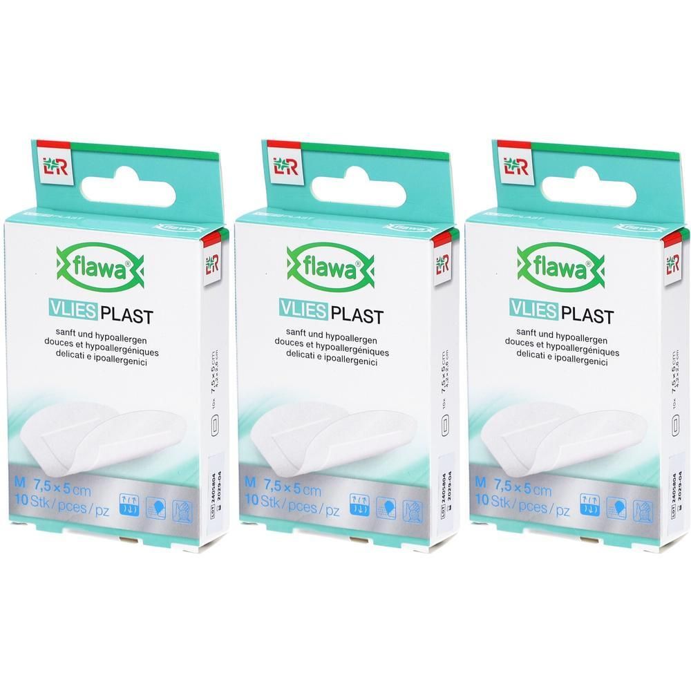 Drie pakken flawa® Vlies Plast pleisters, M, 7,5x5cm, 10 stuks per pak.