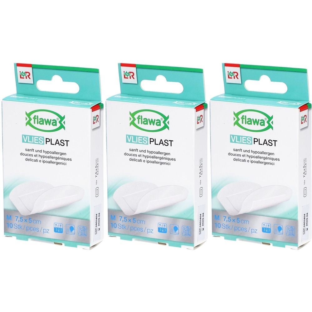Trois paquets de pansements flawa® Vlies Plast, M, 7,5x5cm, 10 pièces par paquet.