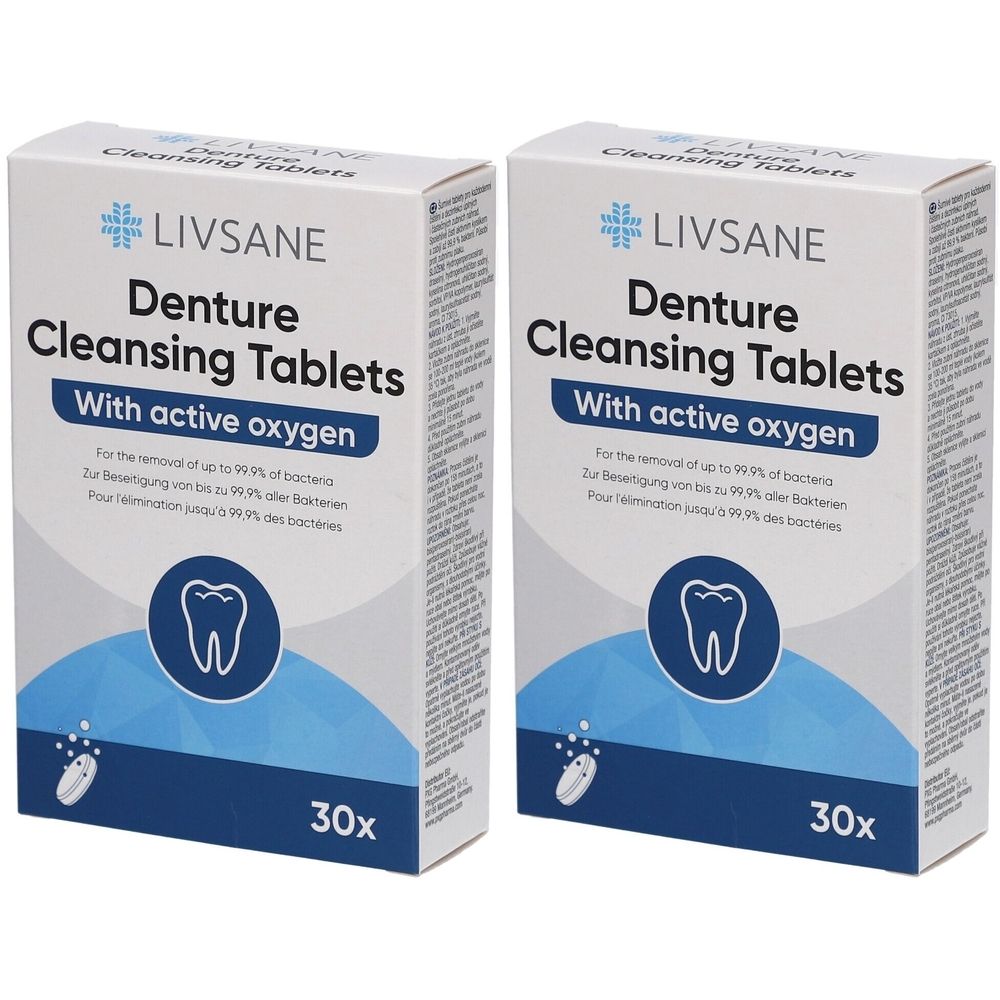Deux boîtes de Livsane® Denture Cleansing Tablets. Inscription : Avec oxygène actif. Contient 30 comprimés.