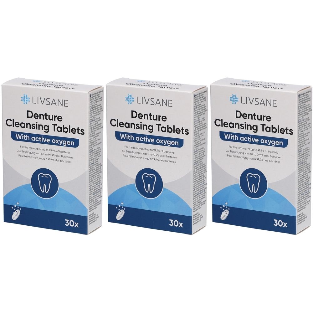Trois boîtes de Livsane Denture Cleansing Tablets. Inscription : Denture Cleansing Tablets, avec oxygène actif. 30 comprimés.