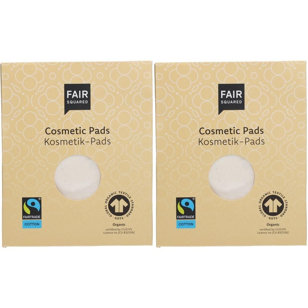 Deux emballages carrés avec logo FAIR SQUARED et texte. Visibles : pads cosmétiques. Avec labels Fairtrade et bio.