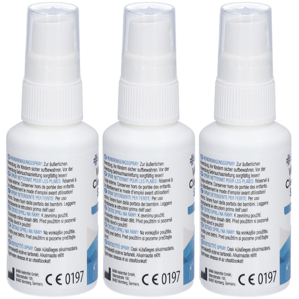 Drie witte spuitflessen met transparante doppen. Opschrift en CE-markering. Flessen staan op een witte ondergrond.