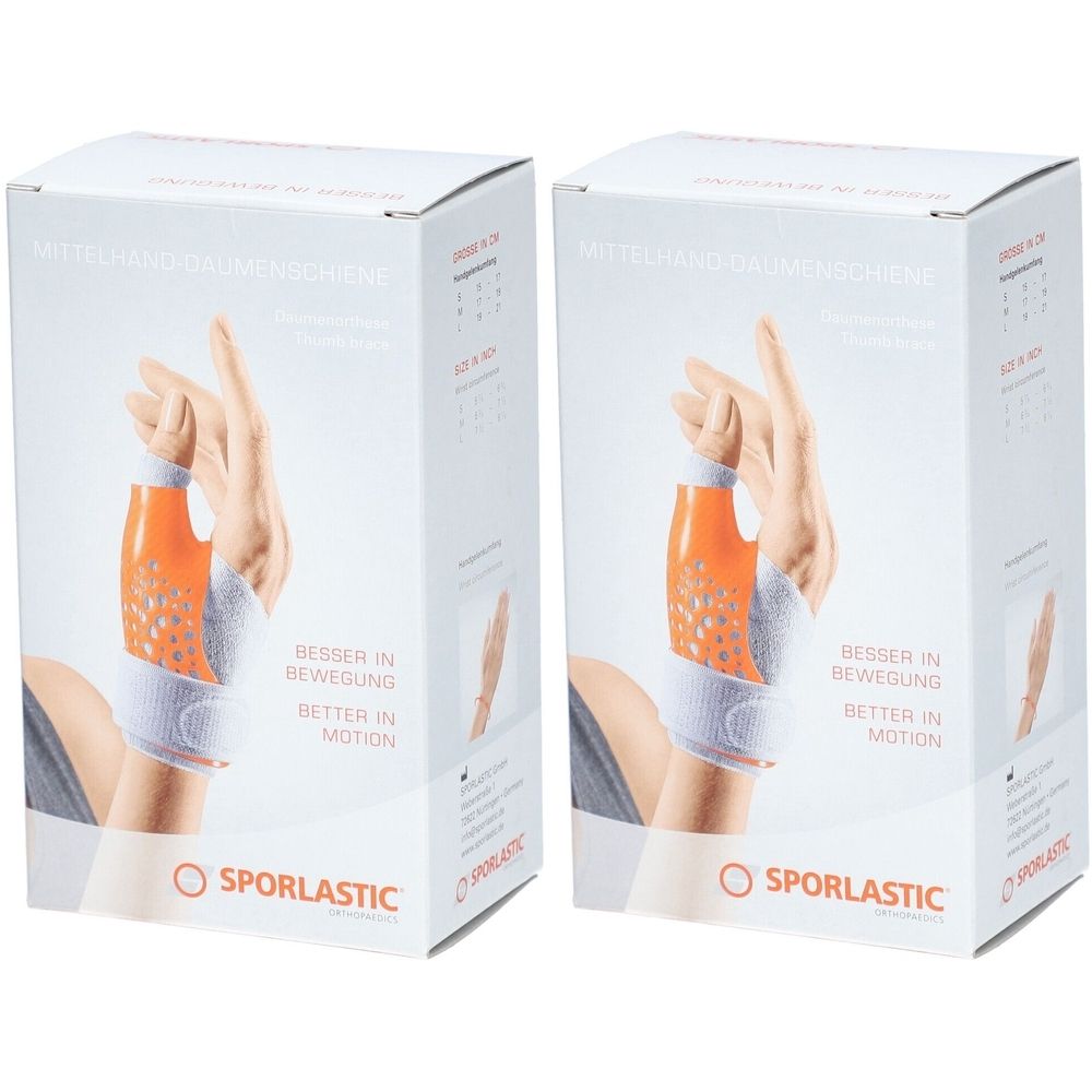 Deux boîtes. Impression : SPORLASTIC, orthèse de la main. Illustration d'une main avec une orthèse. Texte : Mieux en mouvement.