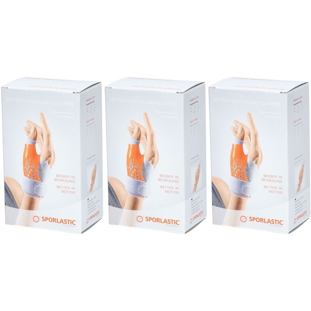 Trois boîtes blanches avec illustration d'une orthèse de la main. Impression: SPORLASTIC. Texte: Mieux en mouvement.