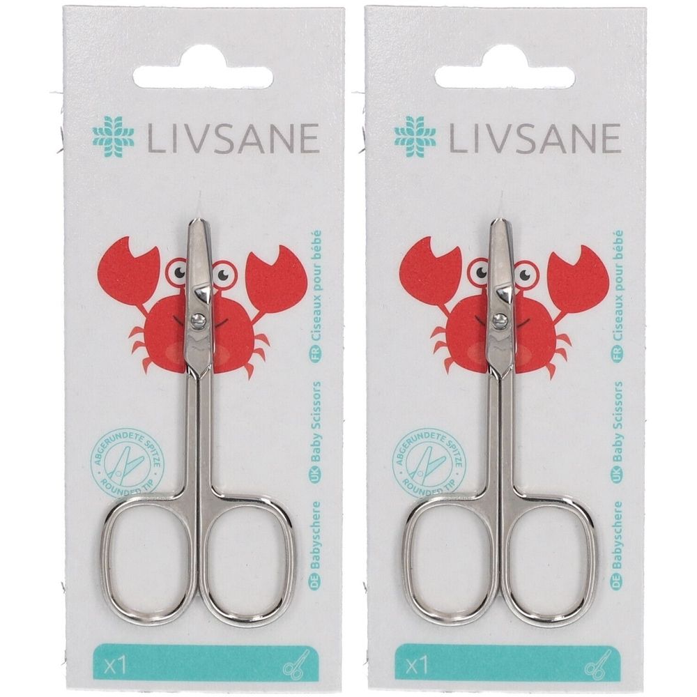 Twee verpakkingen babyschaartjes. Elke verpakking toont een schaar met afgeronde punten. Opschrift: LIVSANE, Baby Scissors, Ciseaux pour bébé.