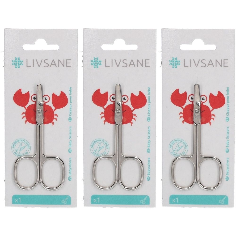 Trois ciseaux pour bébé à bouts ronds, emballés individuellement. Chaque emballage présente un crabe rouge. Logo LIVSANE.