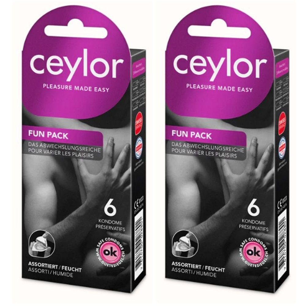 Twee verpakkingen Ceylor Fun Pack condooms. Elke verpakking bevat 6 condooms. Opschrift: Safe Condom ok.