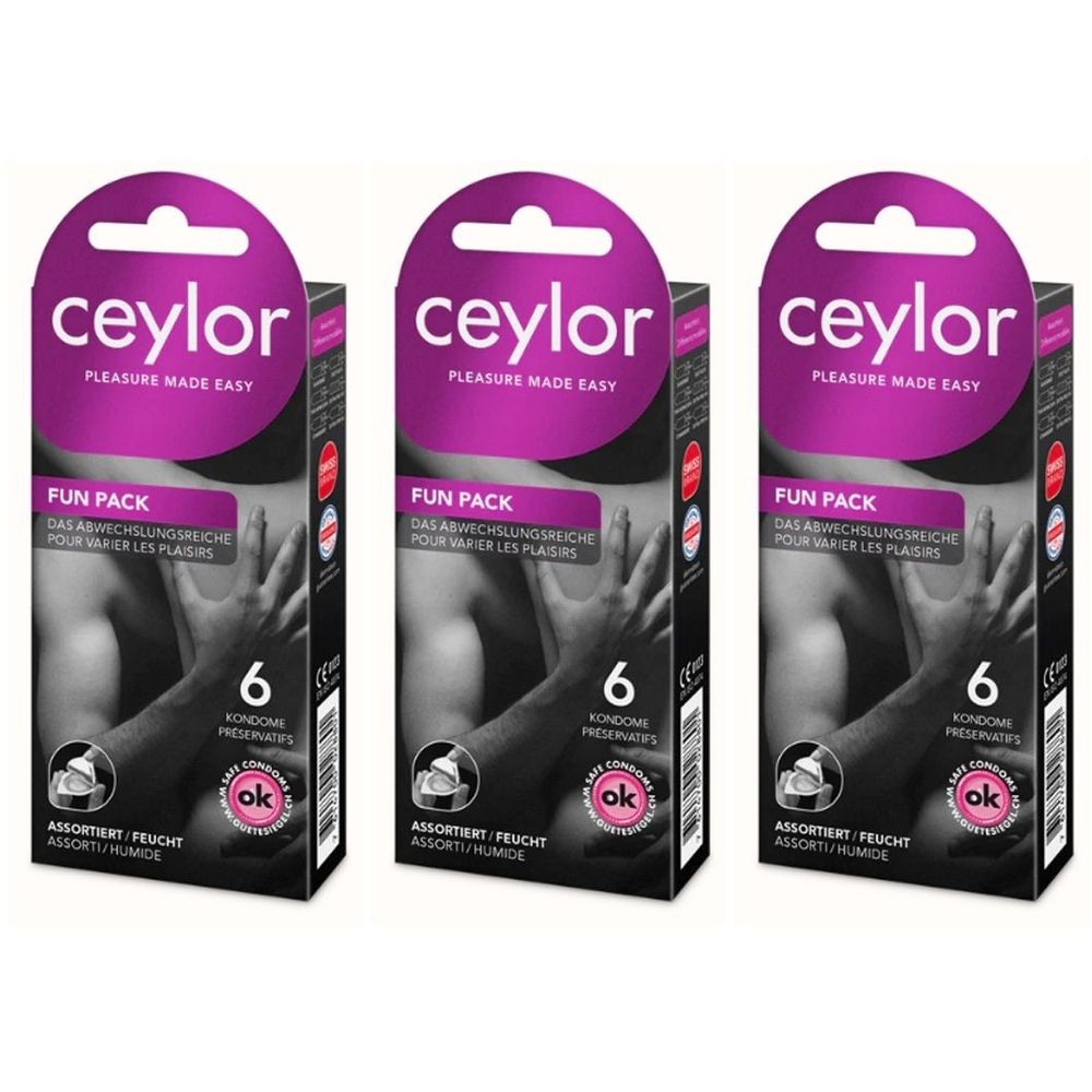 Drie verpakkingen Ceylor Fun Pack condooms. Elke verpakking bevat 6 condooms. Verpakking met logo en productnaam.