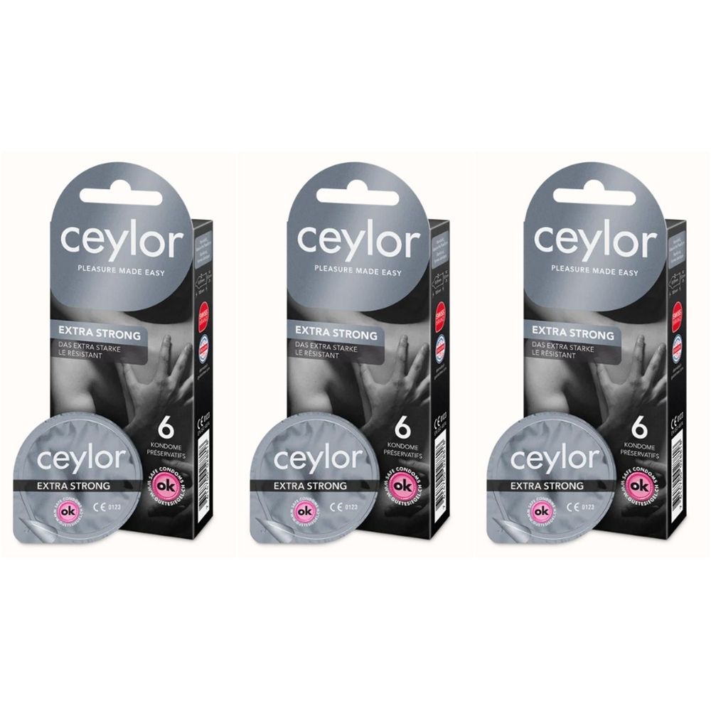 Drie verpakkingen condooms. Elke verpakking bevat een doos en een ronde verpakking. Op de doos staat "ceylor EXTRA STRONG".