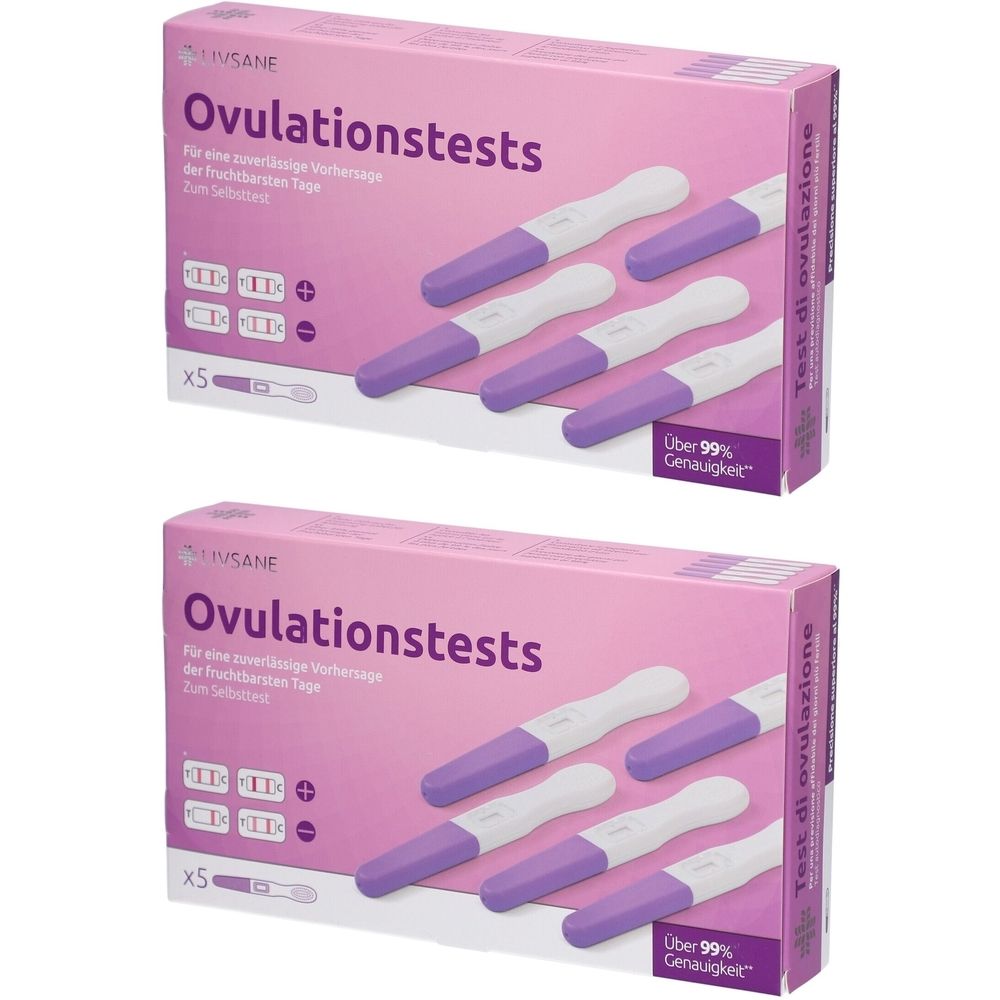 Deux boîtes de tests d'ovulation. Chaque boîte contient cinq bâtonnets de test, emballés dans une boîte rose.