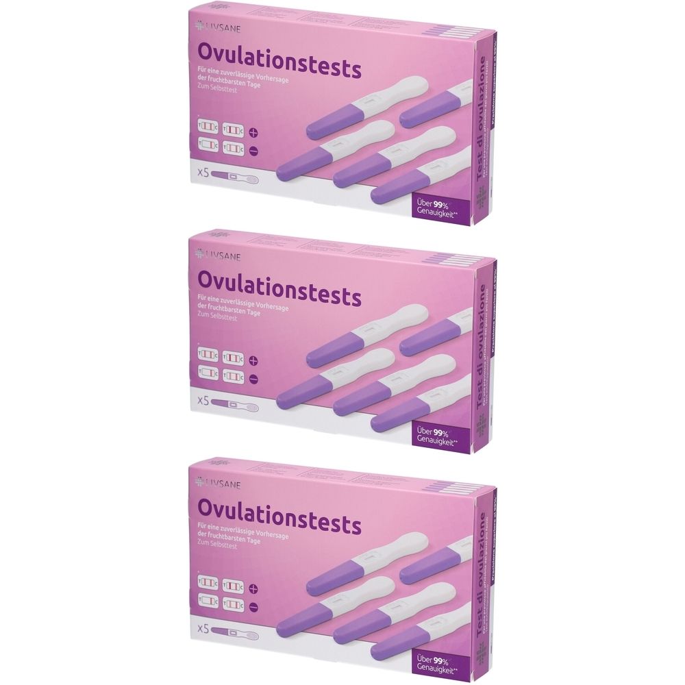 Trois boîtes de tests d'ovulation. Chaque boîte contient cinq bâtonnets de test et porte le nom de la marque et du produit.