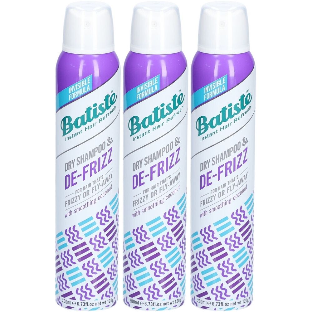 Drie spuitbussen Batiste Dry Shampoo & De-Frizz. Paarse doppen, witte en blauwe etiketten. Tegen pluizig of vliegend haar.