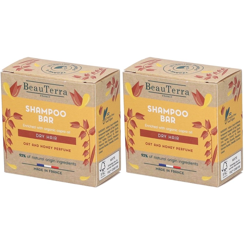 Twee rechthoekige dozen met Shampoo Bar-opdruk. Opschrift: BeauTerra, voor droog haar, haver- en honinggeur. Gemaakt in Frankrijk.