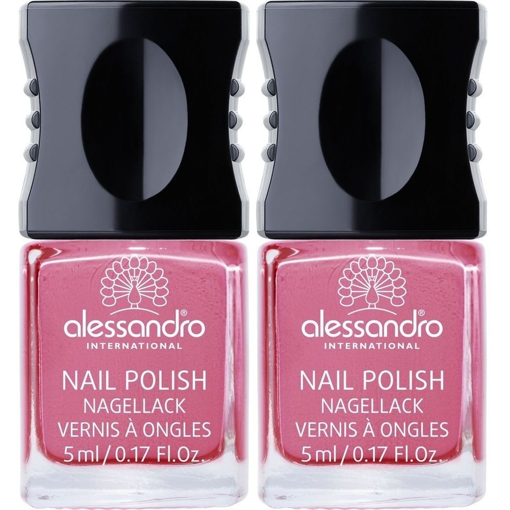 Twee flesjes roze nagellak. Zwarte dop. Opschrift: alessandro, Nail Polish, 5ml.