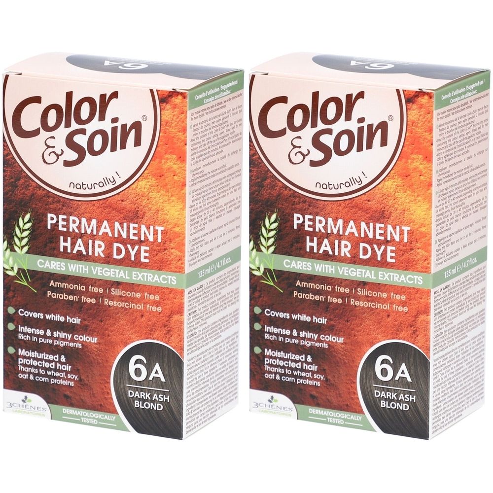 Twee dozen haarverf. Opschrift: Color & Soin, Permanent Hair Dye, 6A Dark Ash Blond. Dermatologisch getest.