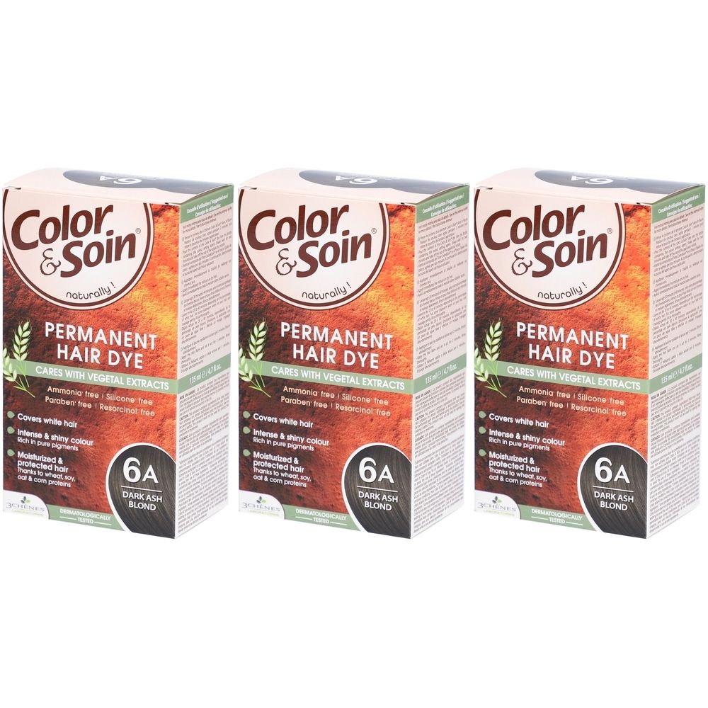 Trois boîtes de Color & Soin Permanent Hair Dye. Inscription: 6A Dark Ash Blond. Contient des extraits végétaux. Couvre les cheveux blancs.