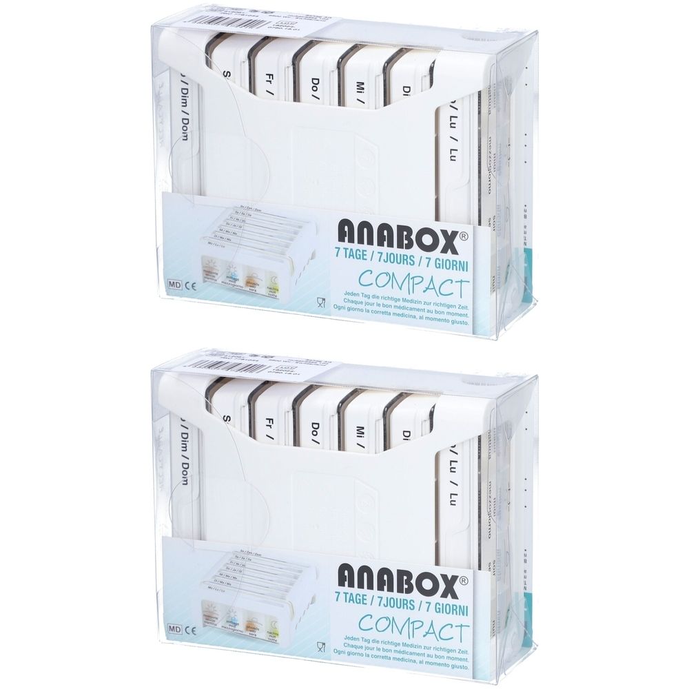 Twee ANABOX Compact 7-daagse pillendoosjes met dagelijkse vakjes voor ochtend, avond en nacht.