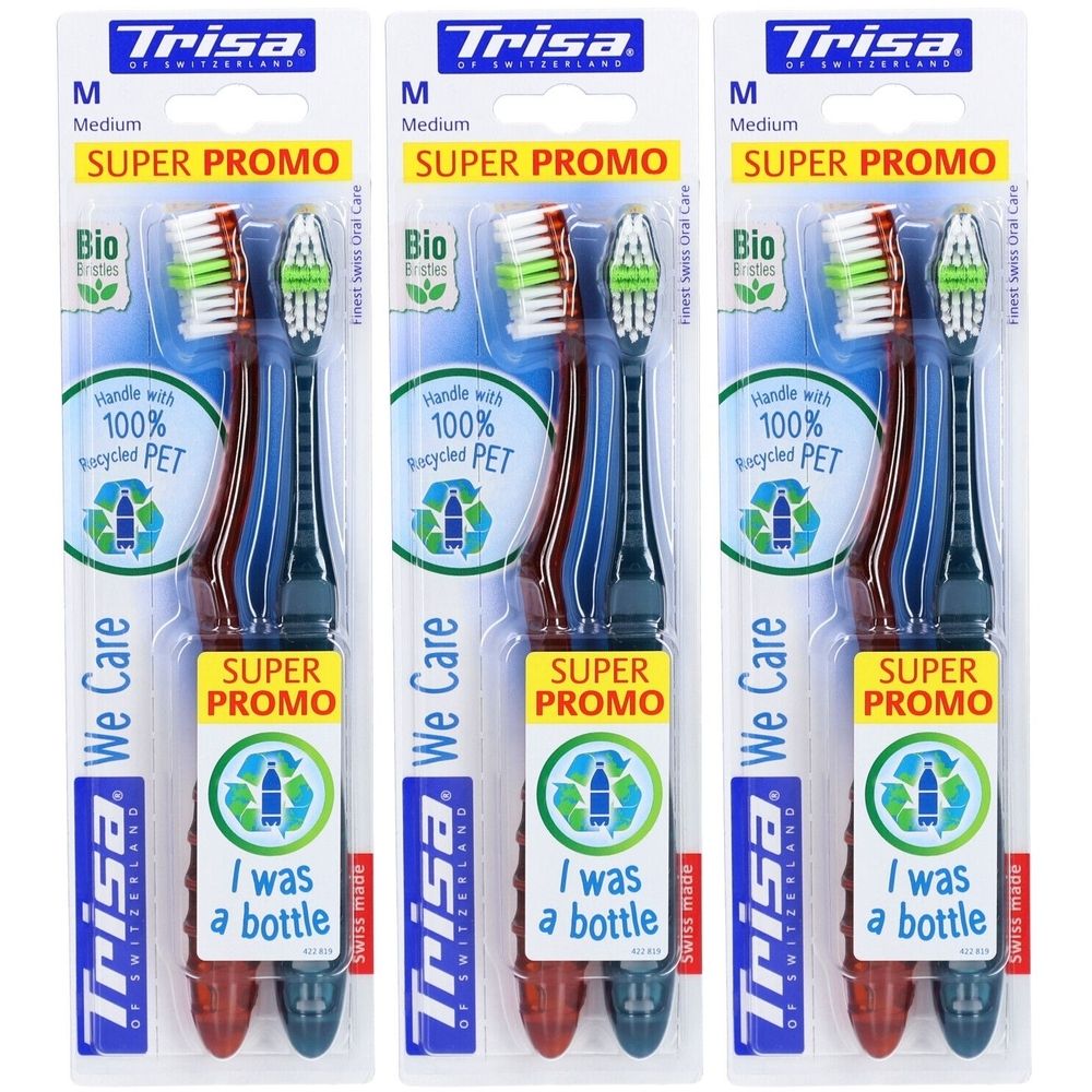 Drie tandenborstels in verpakking. Blauwe, rode en groene borstelharen. Opschrift: Trisa, We Care, Super Promo, I was a bottle.