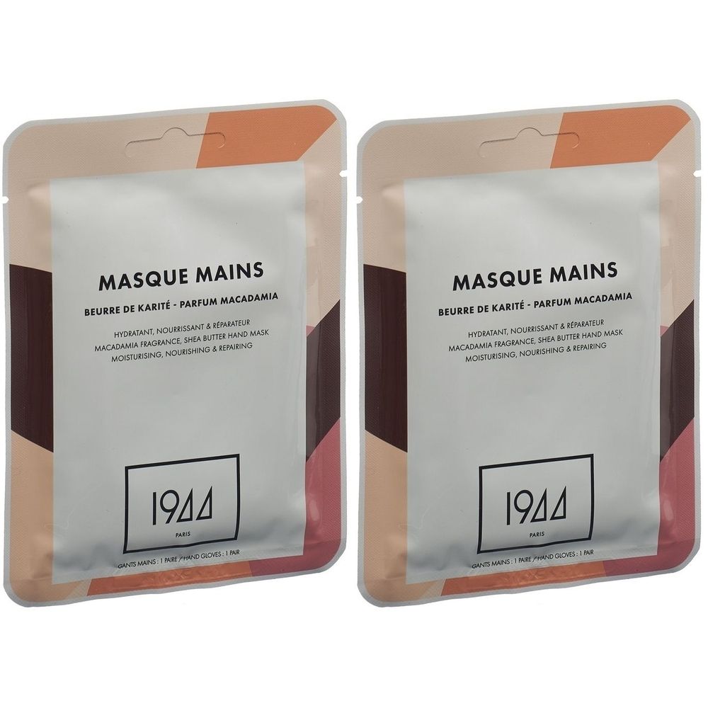Deux sachets de masque pour les mains. Inscription : MASQUE MAINS, BEURRE DE KARITÉ - PARFUM MACADAMIA. Marque : 1944.