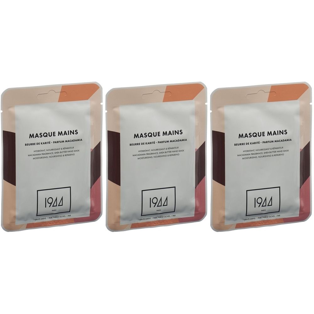 Drie zakjes handmasker. Opschrift: Masque Mains, 1944. Kleurovergang van beige, bruin en roze. Met shea butter en macadamia geur.