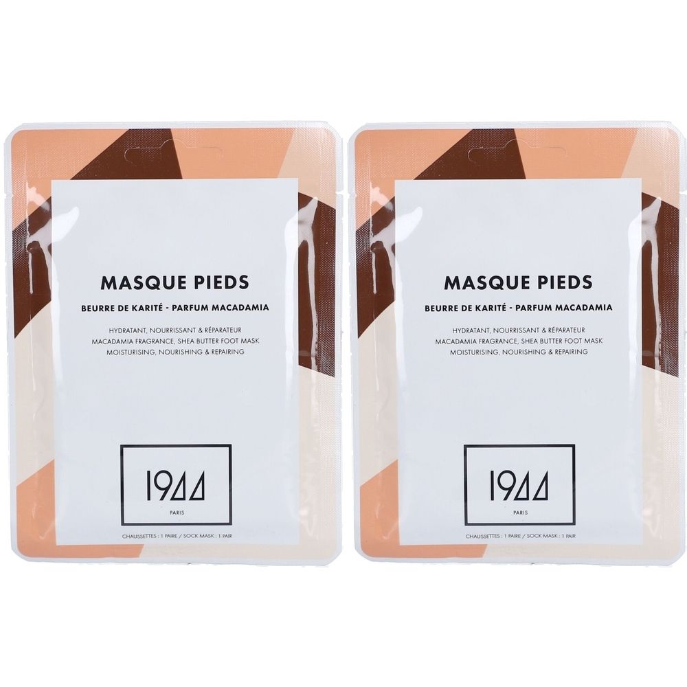 Twee verpakkingen voetmasker. Opschrift: MASQUE PIEDS, 1944. Tekst: Beurre de Karité - Parfum Macadamia. Achtergrond met geometrische vormen.