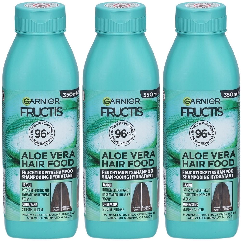 Drie shampoo flessen. Turquoise flessen met witte tekst. Opschrift: Garnier Fructis Aloe Vera Hair Food.