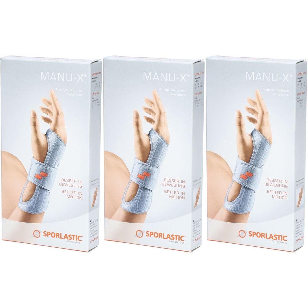 Drie productverpakkingen van de Manu X polsbrace platinum. Op elke verpakking staat een handbrace afgebeeld. De tekst MANU-X is zichtbaar.