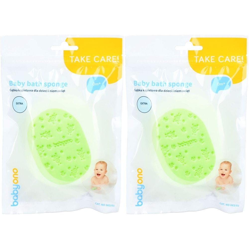 Twee groene babysponzen in plastic verpakking. Opschrift: Baby bath sponge, Babyono. Met baby-illustratie.