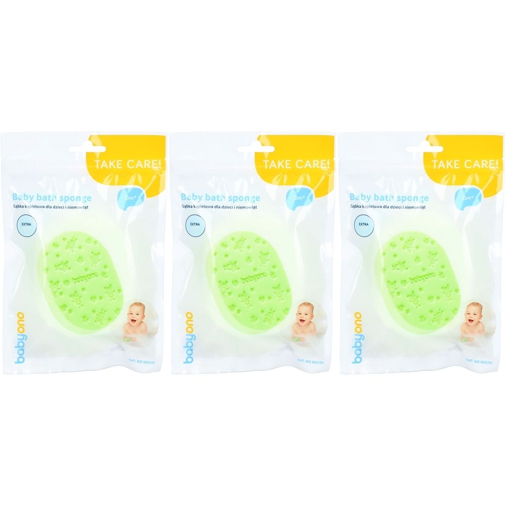 Drie Babyono babysponzen in verpakking. Lichtgroene, ovale sponzen met textuur. Verpakking met opschrift TAKE CARE!
