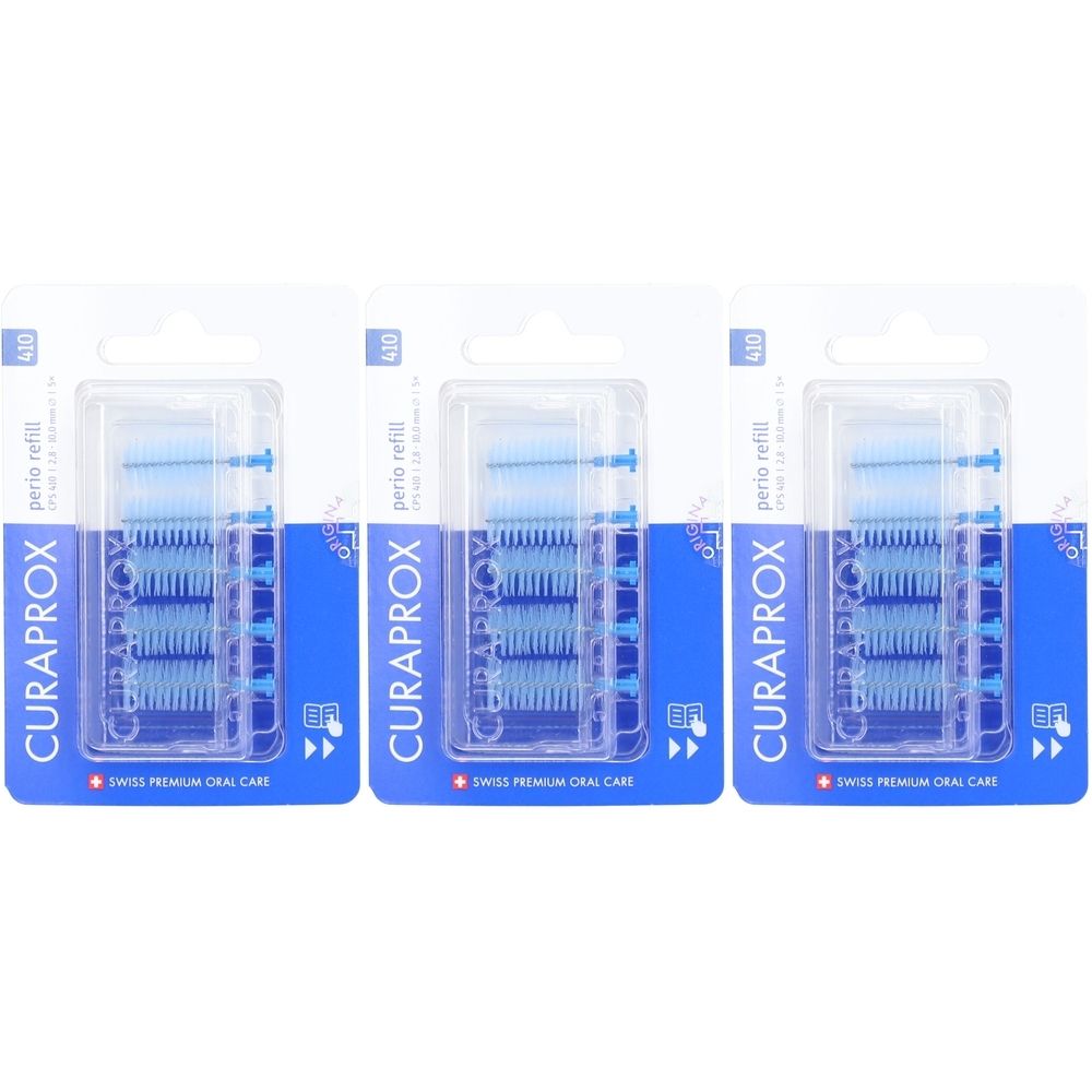 Drie verpakkingen Curaprox CPS 410 Start Brossettes interdentaires. Blauwe borstelkoppen in transparante blisters. Blauwe verpakking met logo.
