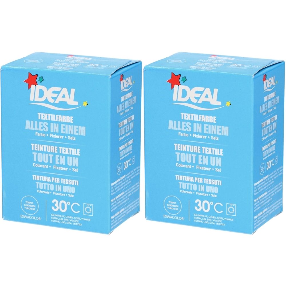 Twee lichtblauwe dozen met productinformatie. Opschrift: IDEAL Textielverf Alles in één. Bevat kleurstof, fixeermiddel en zout.