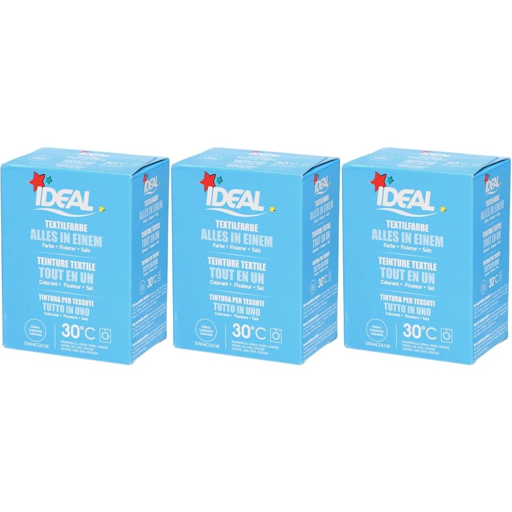 Trois boîtes bleues avec l'inscription IDEAL Textilfarbe. Inscription : Alles in Einem, 30°C. Turquoise pour coton, lin et viscose.
