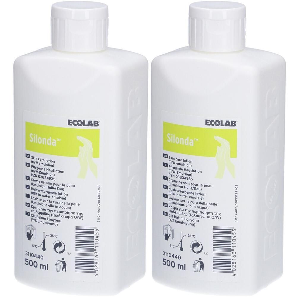 Twee witte flessen SILONDA huidbeschermingscrème. Etiket met productinfo en logo. 500 ml.