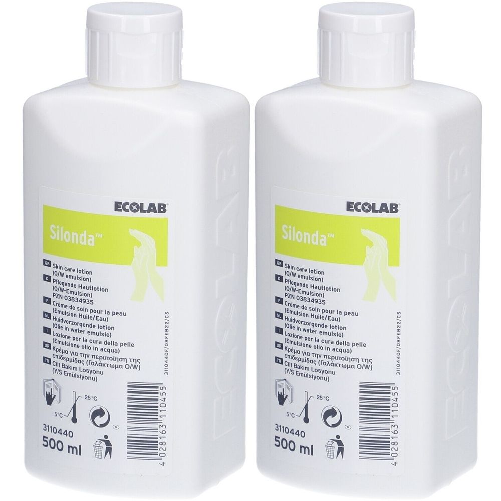 Deux flacons blancs de crème protectrice pour la peau SILONDA. Étiquette avec informations et logo. 500 ml.