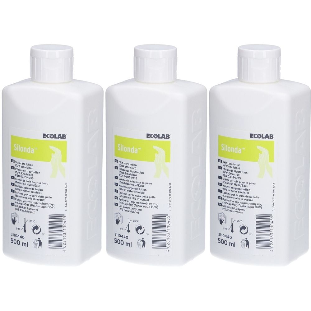 Trois flacons blancs avec bouchons blancs. Inscription: Silonda, Ecolab. Étiquette avec informations produit et 500 ml.