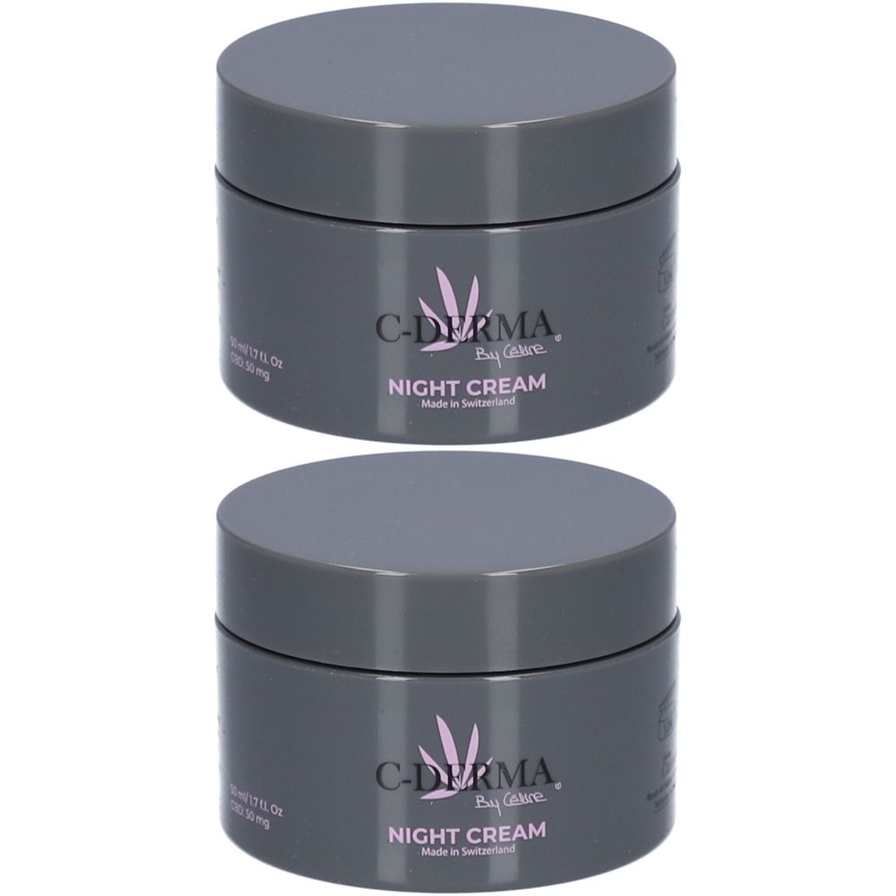 Deux pots gris de crème de nuit C-DERMA. Inscription : NIGHT CREAM. Fabriqué en Suisse. Couvercles et pots cylindriques.
