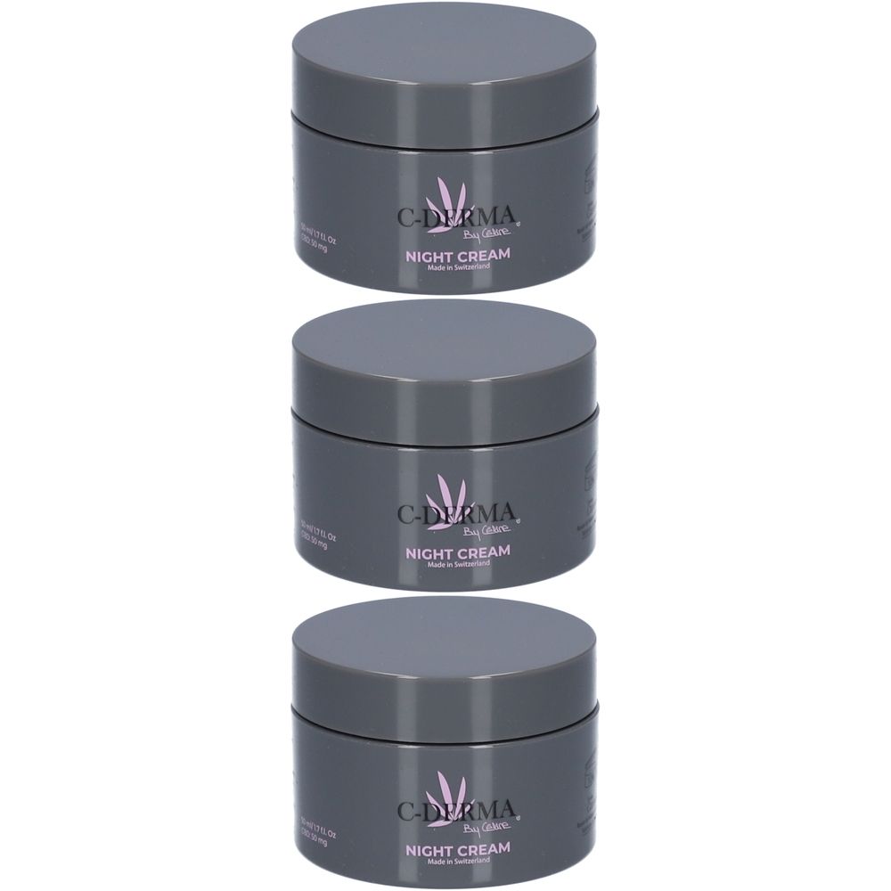 Trois pots gris de crème de nuit C-DERMA. Inscription: NIGHT CREAM. Logo avec forme de feuille. Fabriqué en Suisse.