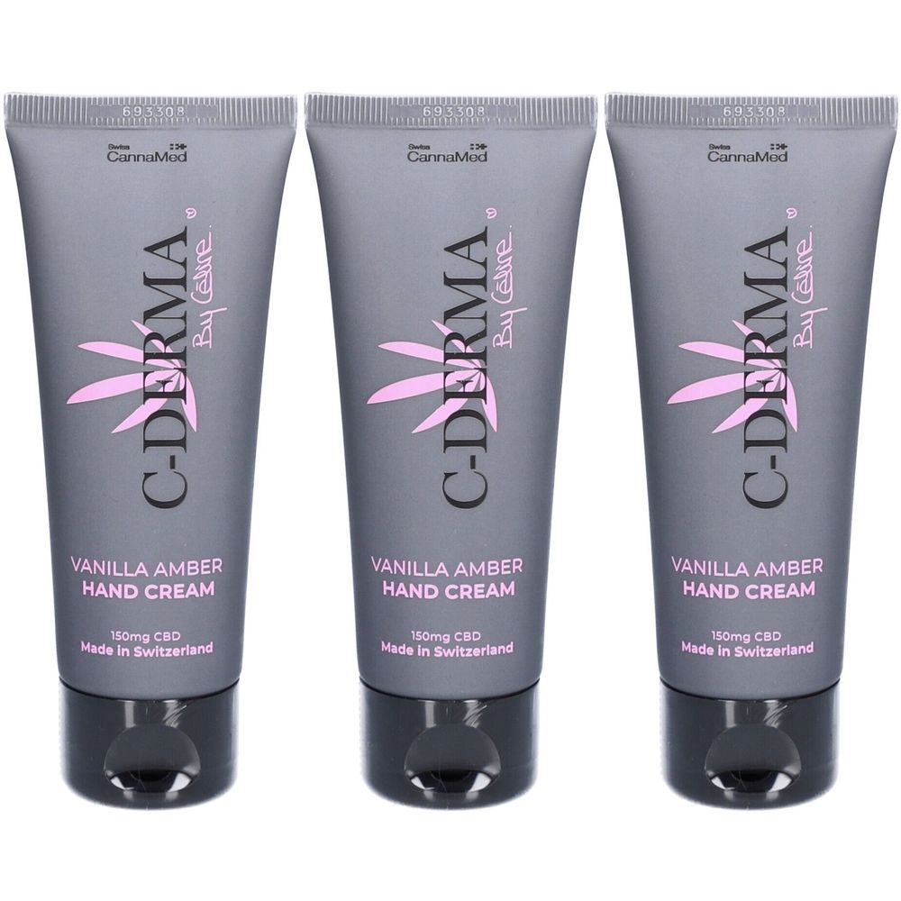 Trois tubes de crème pour les mains C-DERMA. Tubes gris avec bouchon noir. Inscription : C-DERMA, VANILLA AMBER HAND CREAM, 150mg CBD, Made in Switzerland.