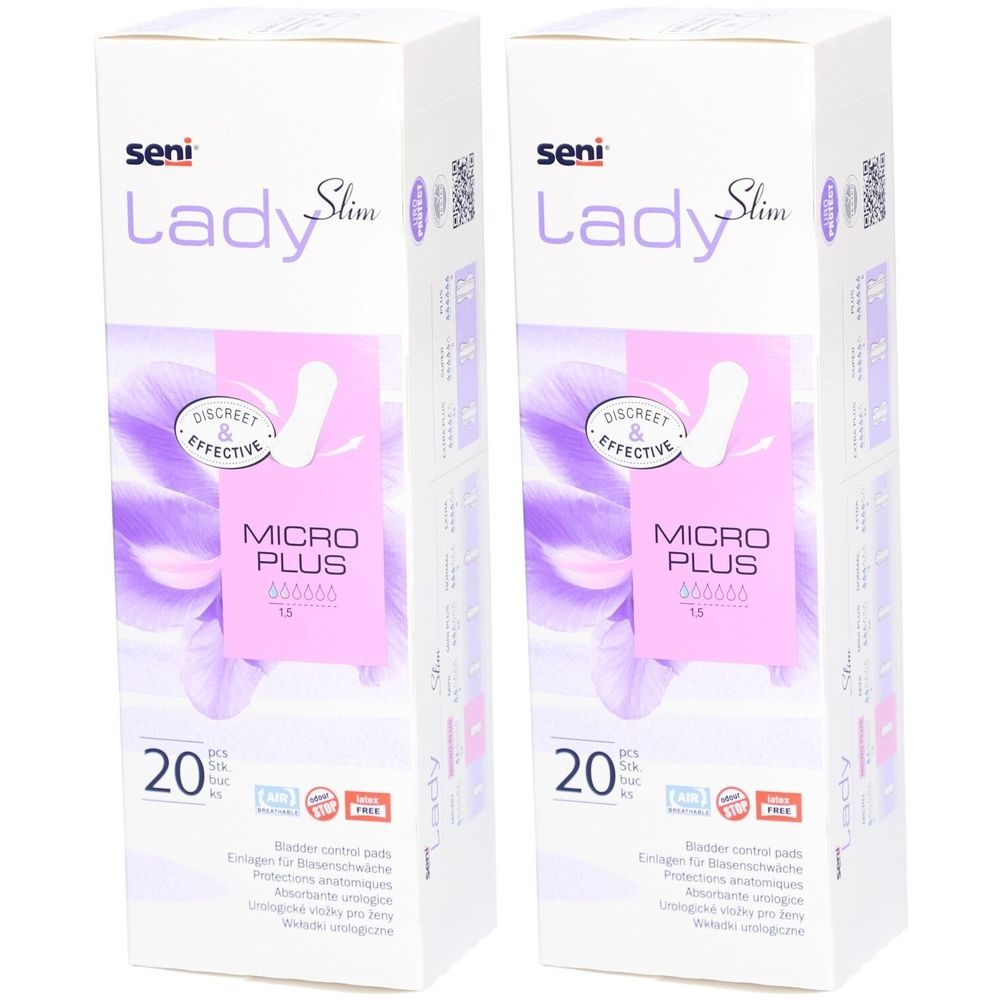 Twee verpakkingen Seni Lady Slim Micro Plus. Witte verpakking met productafbeelding en tekst. 20 stuks.