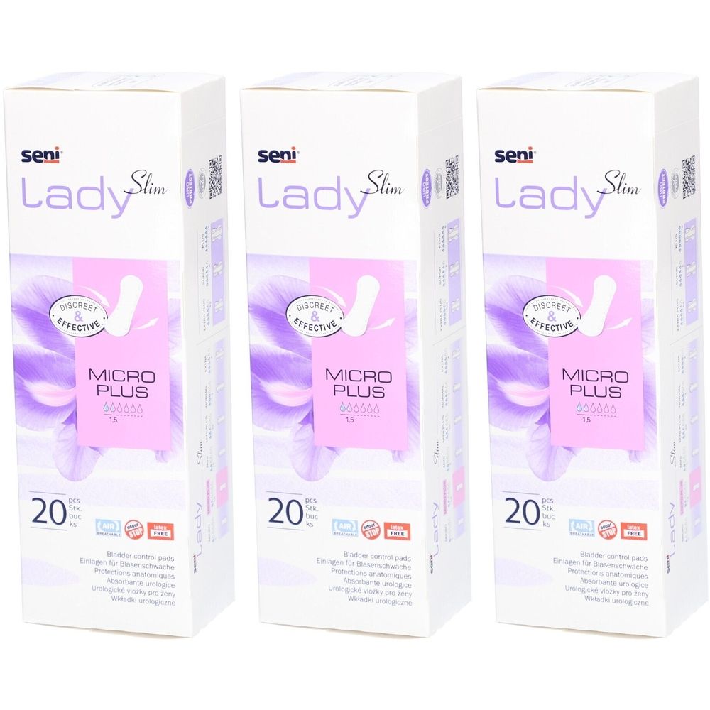 Drie verpakkingen Seni Lady Slim Micro Plus. Witte verpakking met paarse accenten. Productnaam en logo duidelijk zichtbaar.