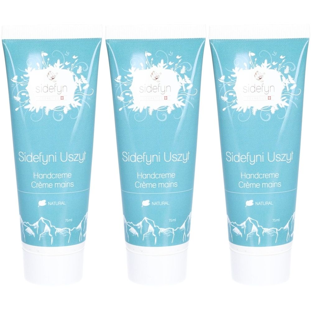 Trois tubes de crème pour les mains. Couleur bleu clair avec bouchon blanc. Inscription : Sidefyn, Sidefyni Uszy!, Handcreme, Crème mains, NATURAL.