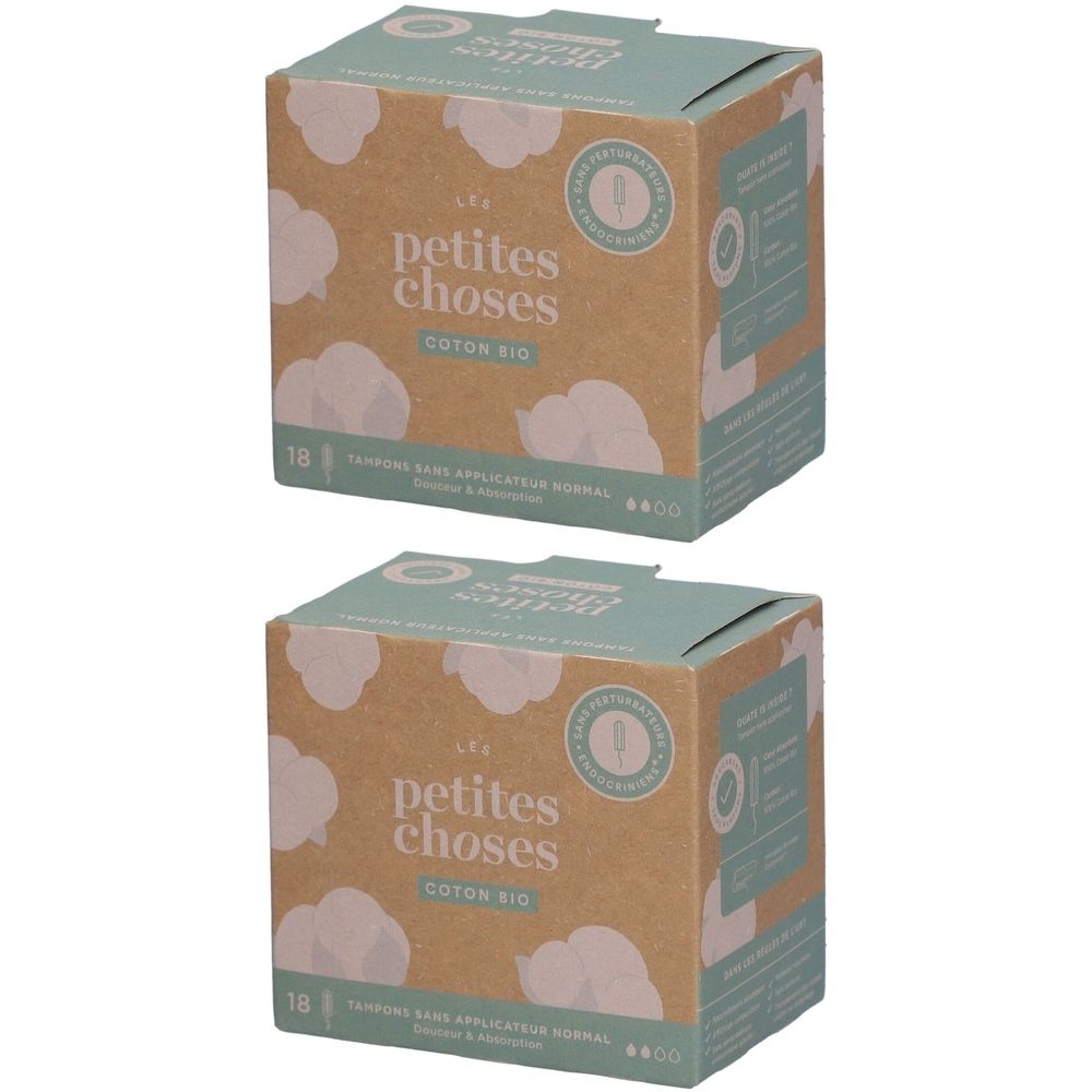 Twee dozen tampons van biologisch katoen, 18 stuks per doos, zonder applicator.