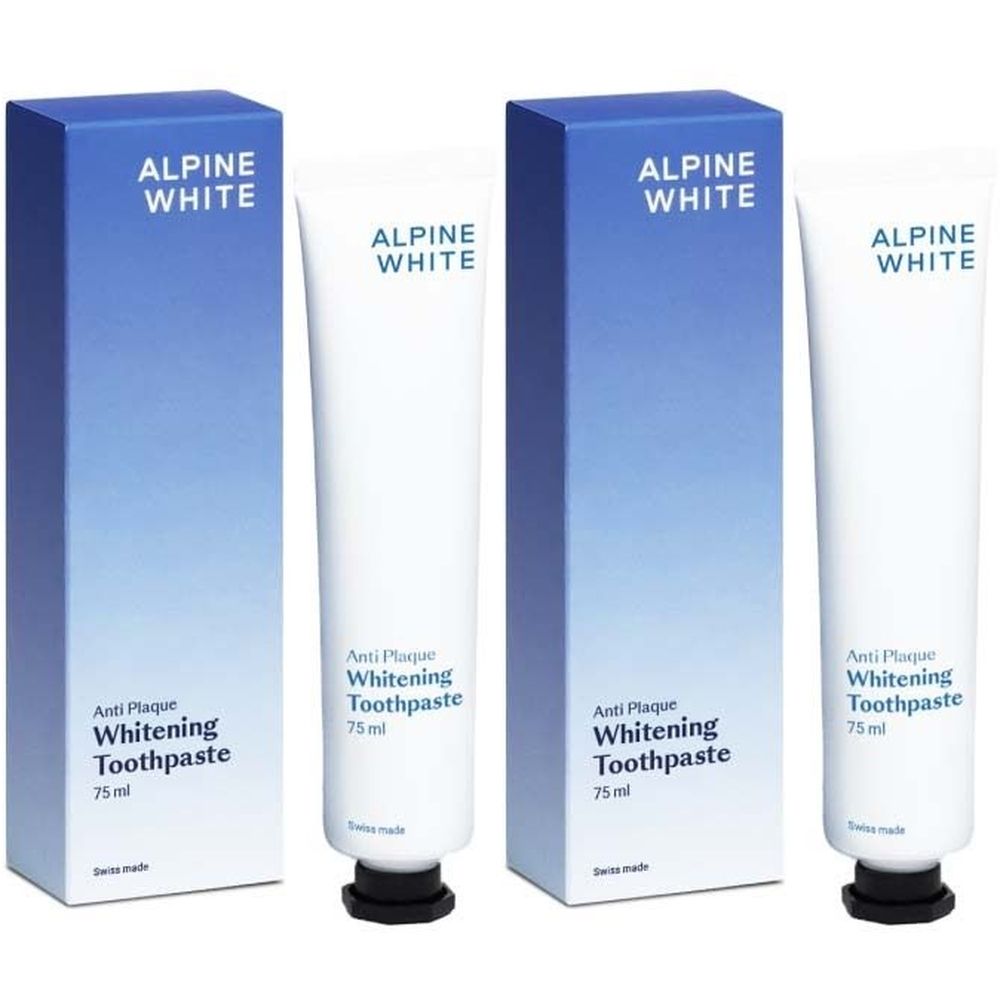 Twee tubes en twee dozen tandpasta. Opschrift: ALPINE WHITE Whitening Toothpaste. 75ml. Swiss made.