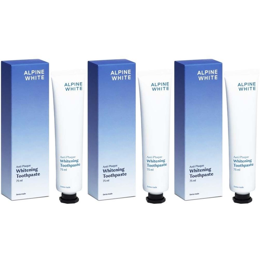 Tandpastatubes en dozen. Opschrift: ALPINE WHITE Whitening Toothpaste Anti Plaque. 75 ml.