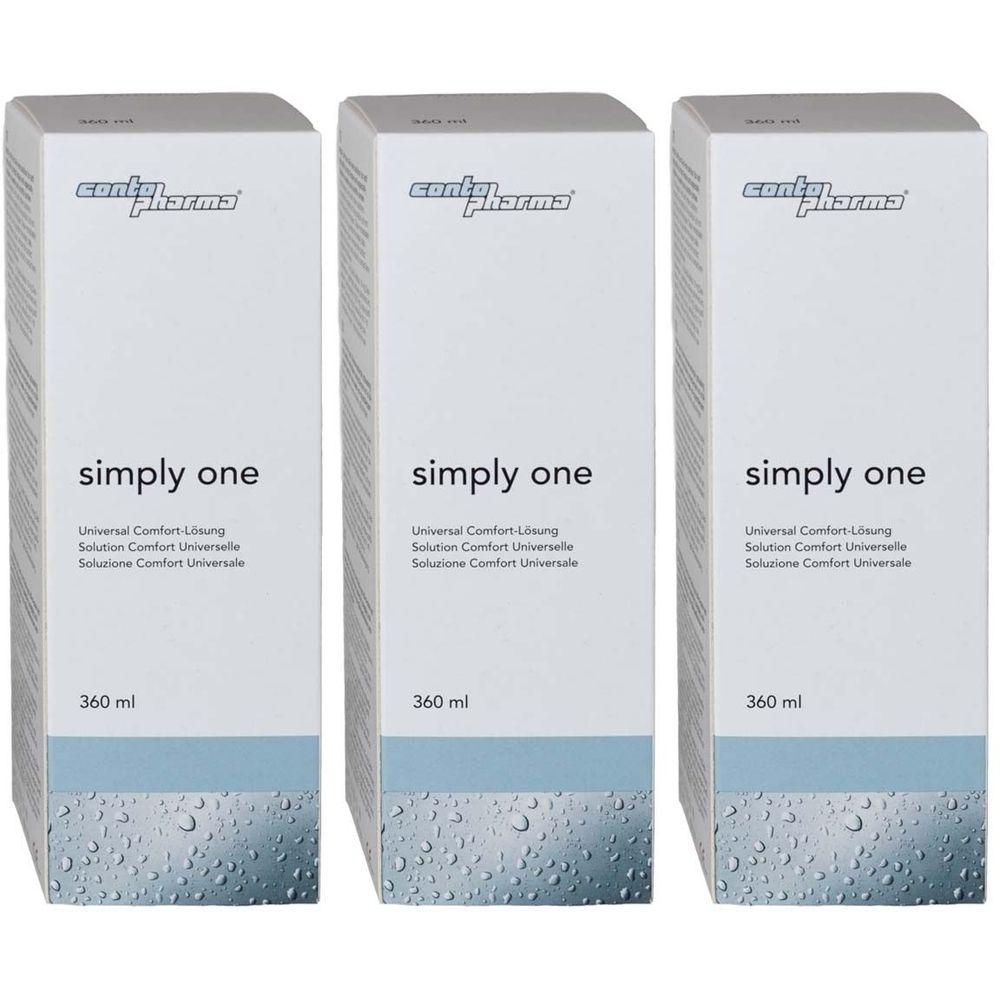 Drie witte dozen met "contopharma simply one". Tekst in het Duits, Italiaans en Frans. Onderaan staat "360 ml".