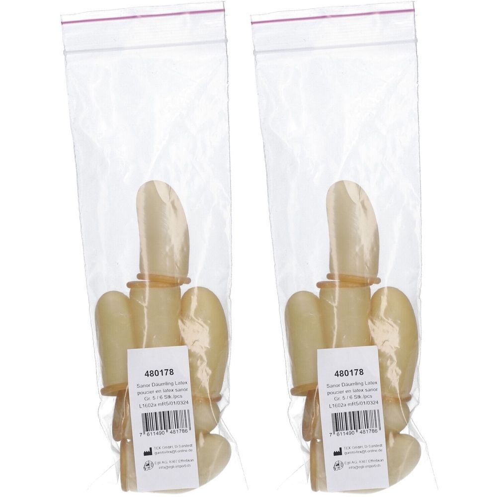 Deux sachets de doigtiers en latex. Chaque sachet contient plusieurs doigtiers. Des informations sur le produit et un code-barres sont visibles sur les étiquettes.