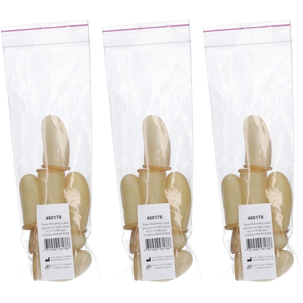 Drie vingercondooms in plastic zakjes. Elke vingercondoom is licht van kleur met een bruine ring. Labels met tekst zijn zichtbaar.