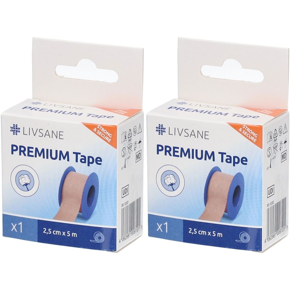 Twee verpakkingen LIVSANE Premium Tape. Elke verpakking bevat een rol tape, 2,5 cm x 5 m. Opschrift: Premium Tape, x1.