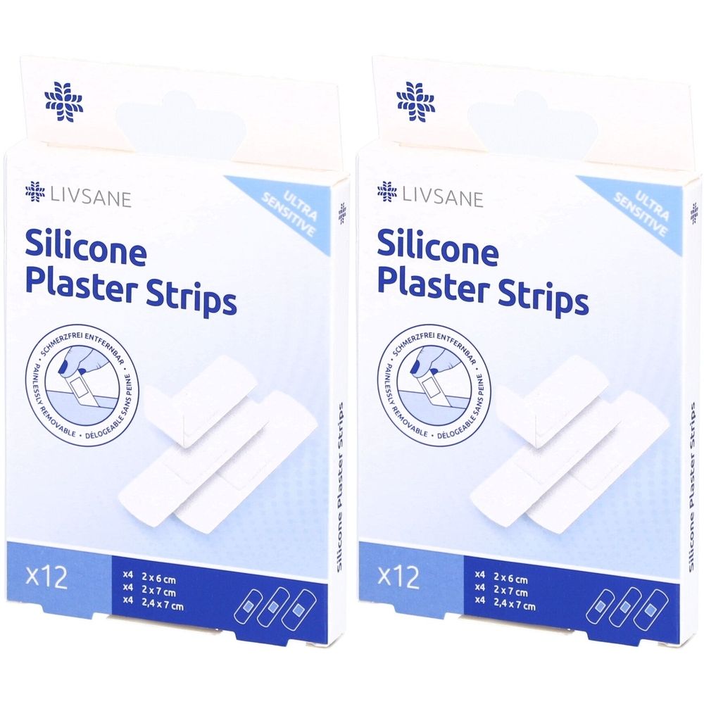 Deux boîtes de pansements en silicone LIVSANE. Inscription : Ultra Sensitive. Chaque boîte contient 12 pansements de trois tailles. Bandes blanches.