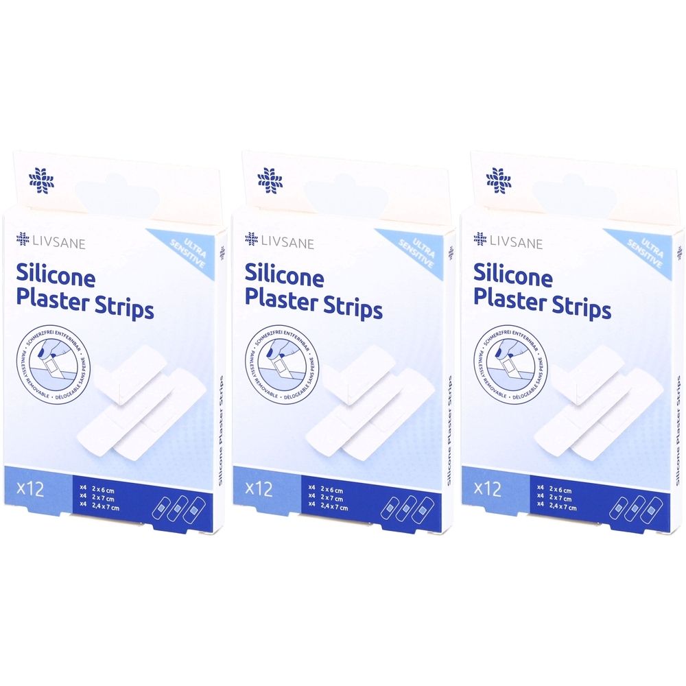 Drie verpakkingen LIVSANE Silicone Plaster Strips. Elke verpakking bevat 12 pleisters. Opschrift: Ultra Sensitive. Maten: 3x6cm, 2.4x7cm, 2.4x7cm.